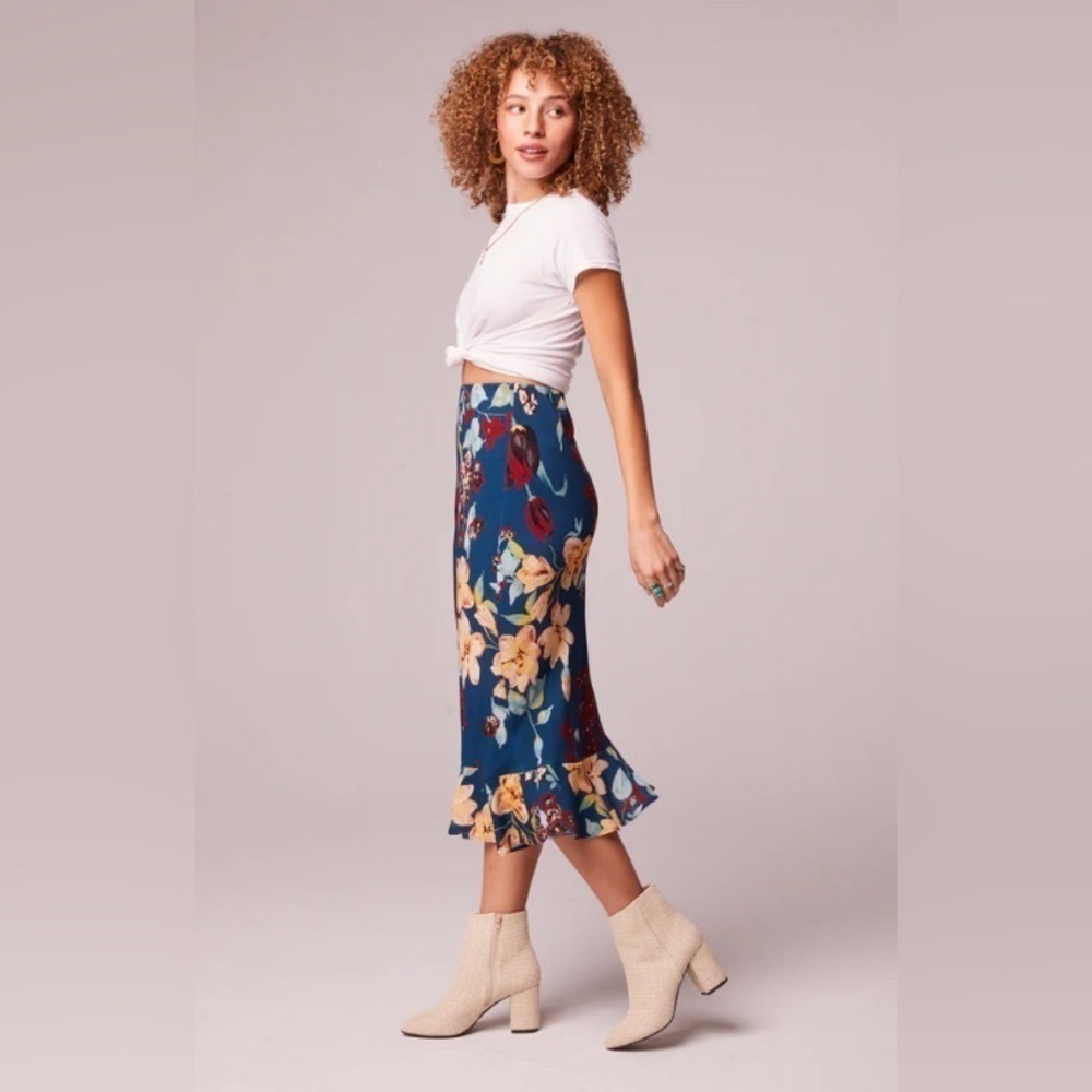 NWT BOG Collective Boho Tropical Pisa Teal Floral Ruffle Slip Skirt Gypsy XS - Picture 1 of 10